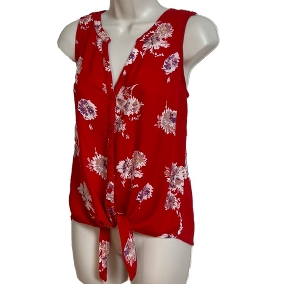 Lucky Brand Floral Button Down Tie Front Tank Top Red Purple White Women’s S - Picture 2 of 8